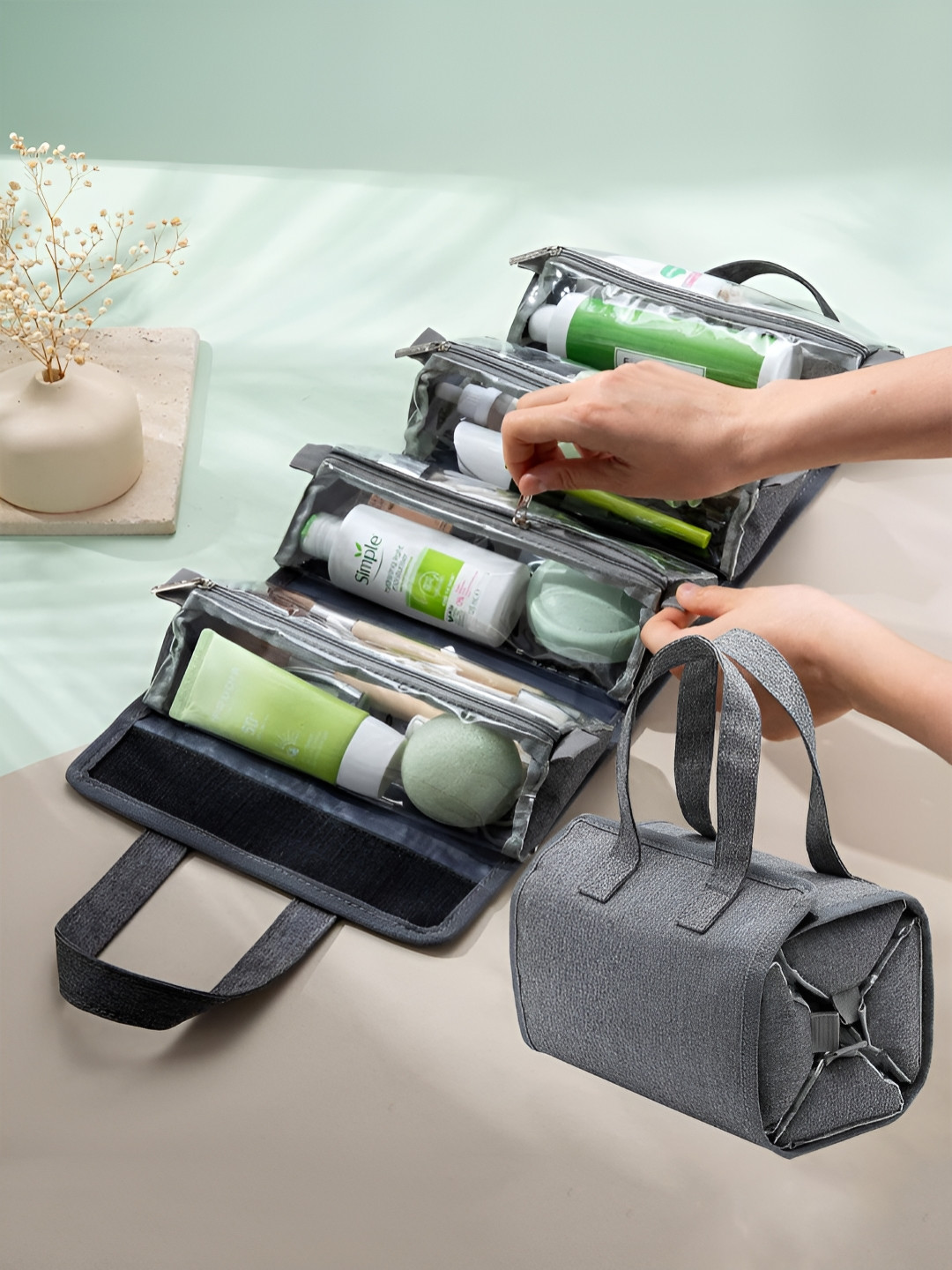 atorakushon Grey Multi-Utility Water Resistant Makeup Storage Bag Organisers