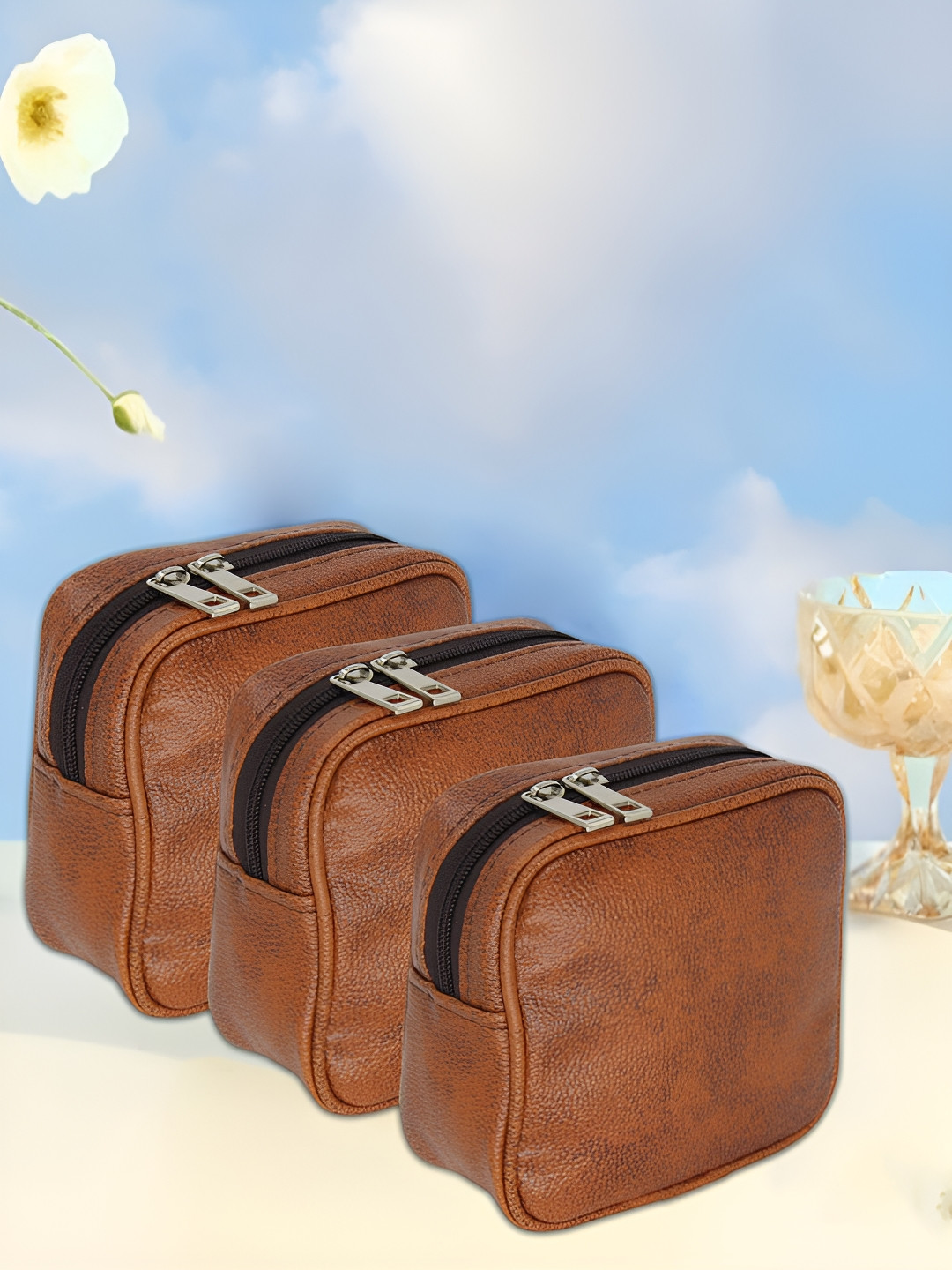 atorakushon Brown 3 Pieces Multi-Utility Water Resistant Makeup Storage Bag Organisers