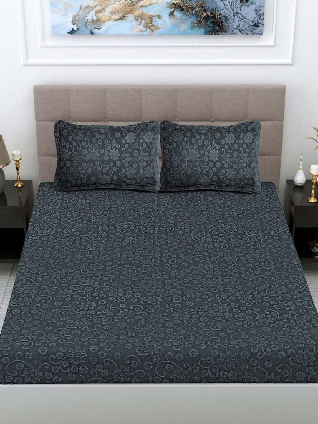BLUEDOT Wolen Embossed Floral Wool 300 TC Fitted King Fine Bedsheet with 2 Pillow Covers