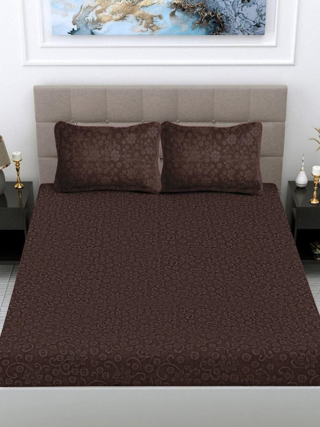 BLUEDOT Brown Woolen Embossed Wool 300 TC Fitted King Fine Bedsheet With 2 Pillow Covers