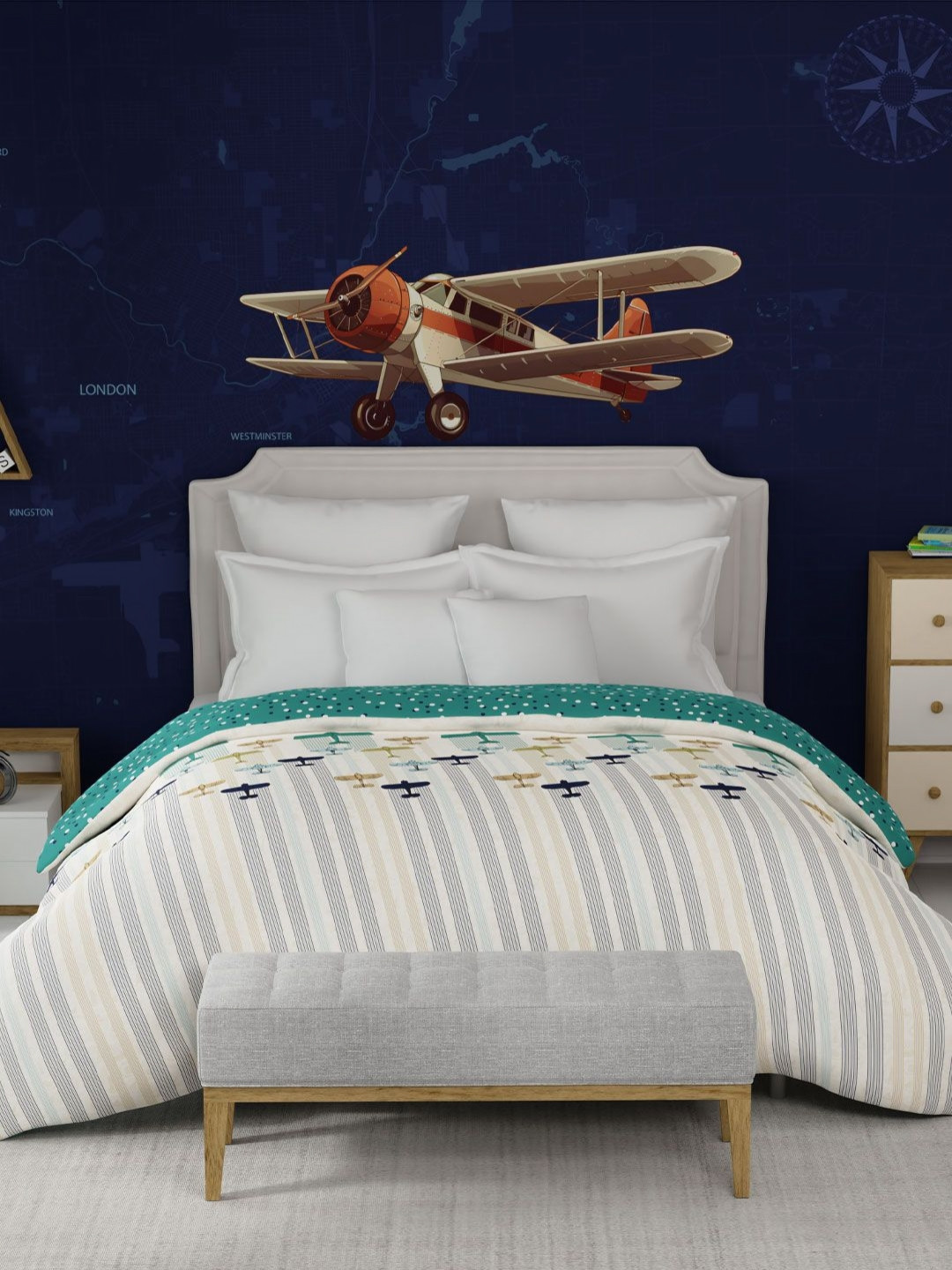 MYTRIDENT Passport Brown & Blue Geometric Printed 150 GSM Double Bed Comforter