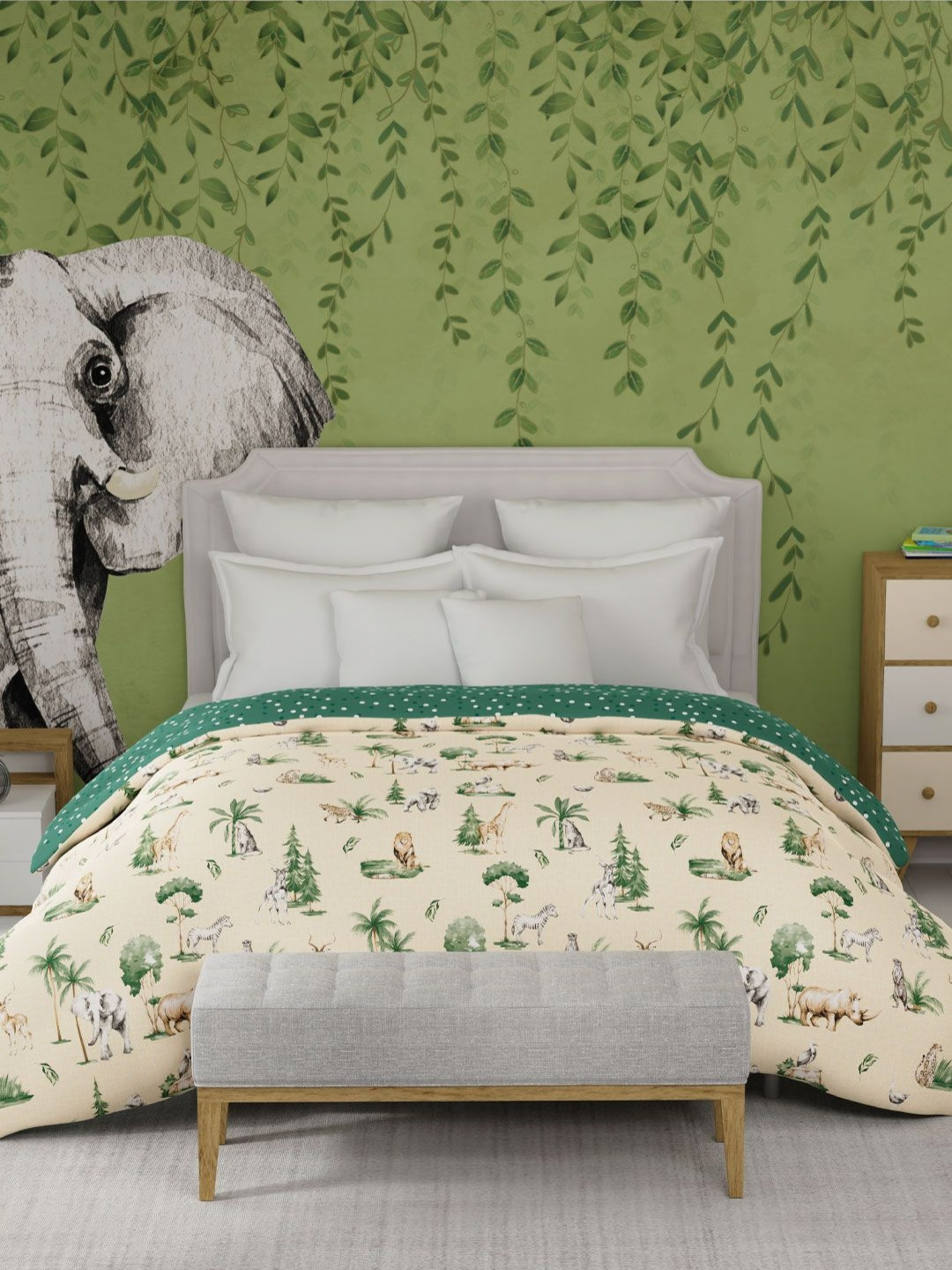 MYTRIDENT Jigsaw Jungle Brown & Green Cartoon Characters 150 GSM Double Bed Comforter