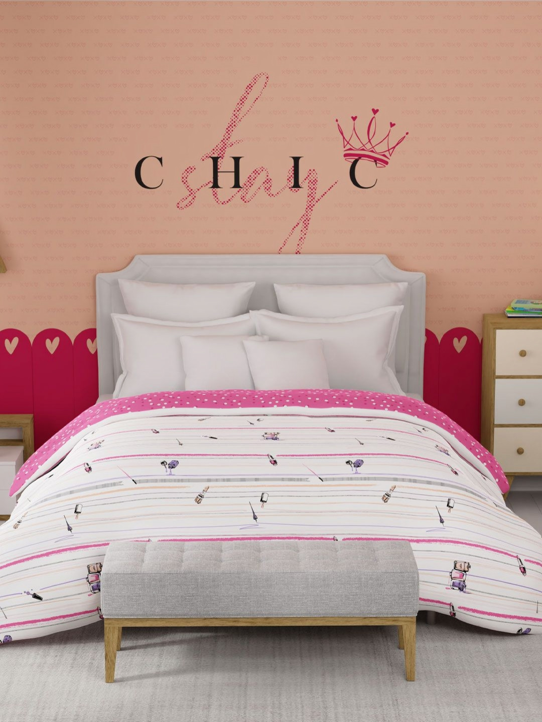 MYTRIDENT Slumber Pink & White Cartoon Characters Printed 150 GSM Double Bed Comforter