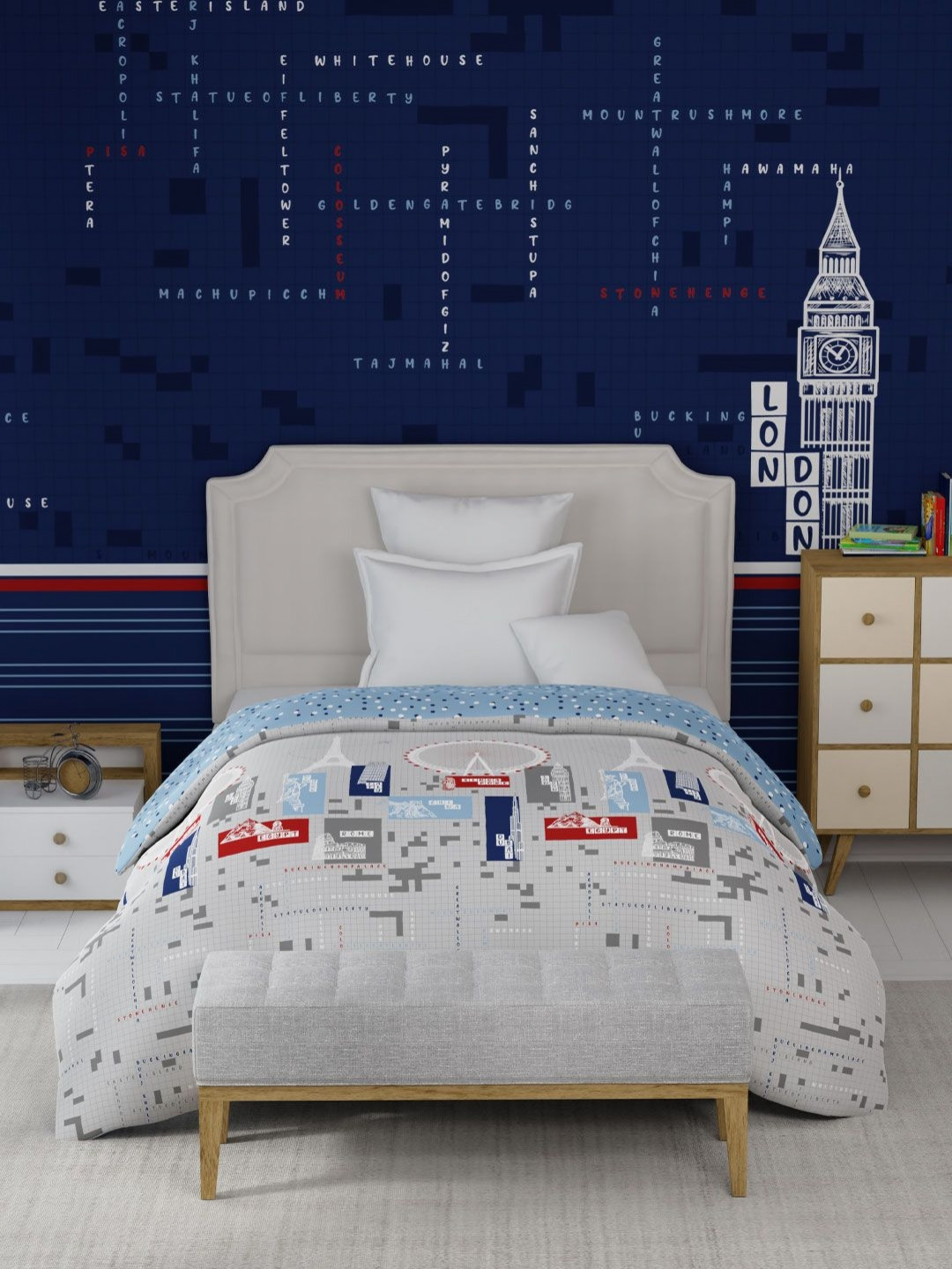 MYTRIDENT Crossworld Grey & Blue Cartoon Characters Printed 150 GSM Single Bed Comforter