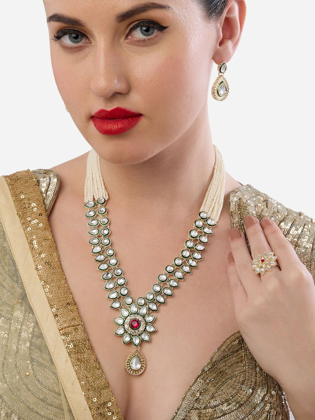 Zaveri Pearls Gold-Plated Kundan Studded & Beaded Meenakari Jewellery Set