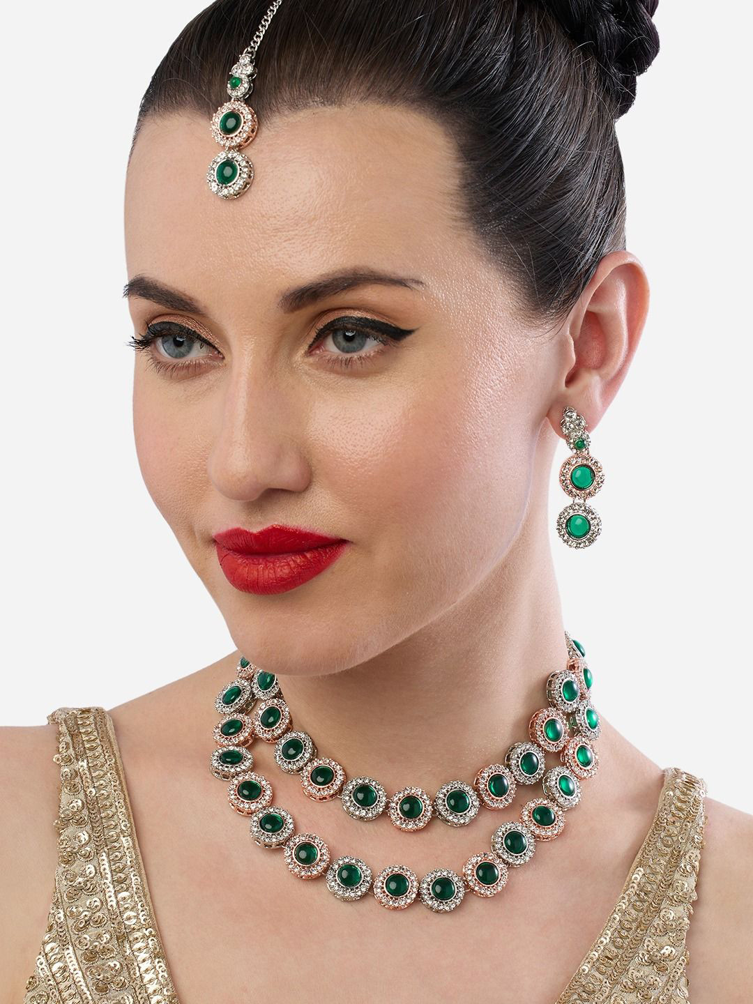 Zaveri Pearls Gold-Plated Stone Studded Two Tone Layered Jewellery Set