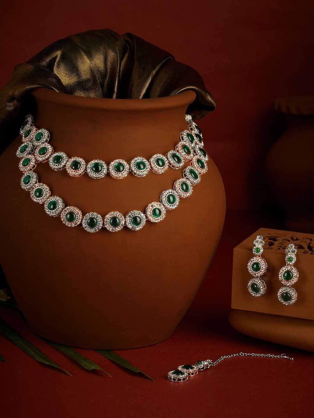 AMI Gold-Plated American Diamond Studded Two Tone Layered Jewellery Set