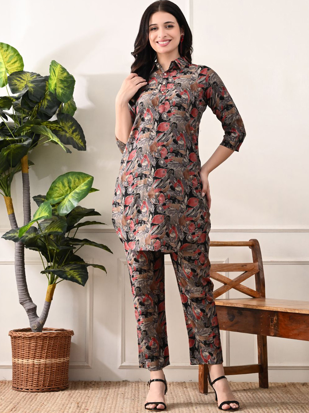 Floral Printed Shirt Collar Cotton Tunic with Trousers