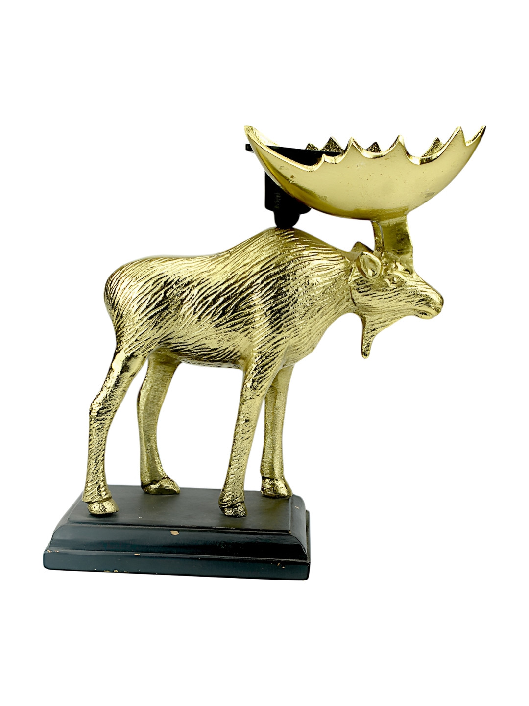 Hind Decor Gold-Toned and Black Aluminium Glossy Reindeer On Base Candle Holder