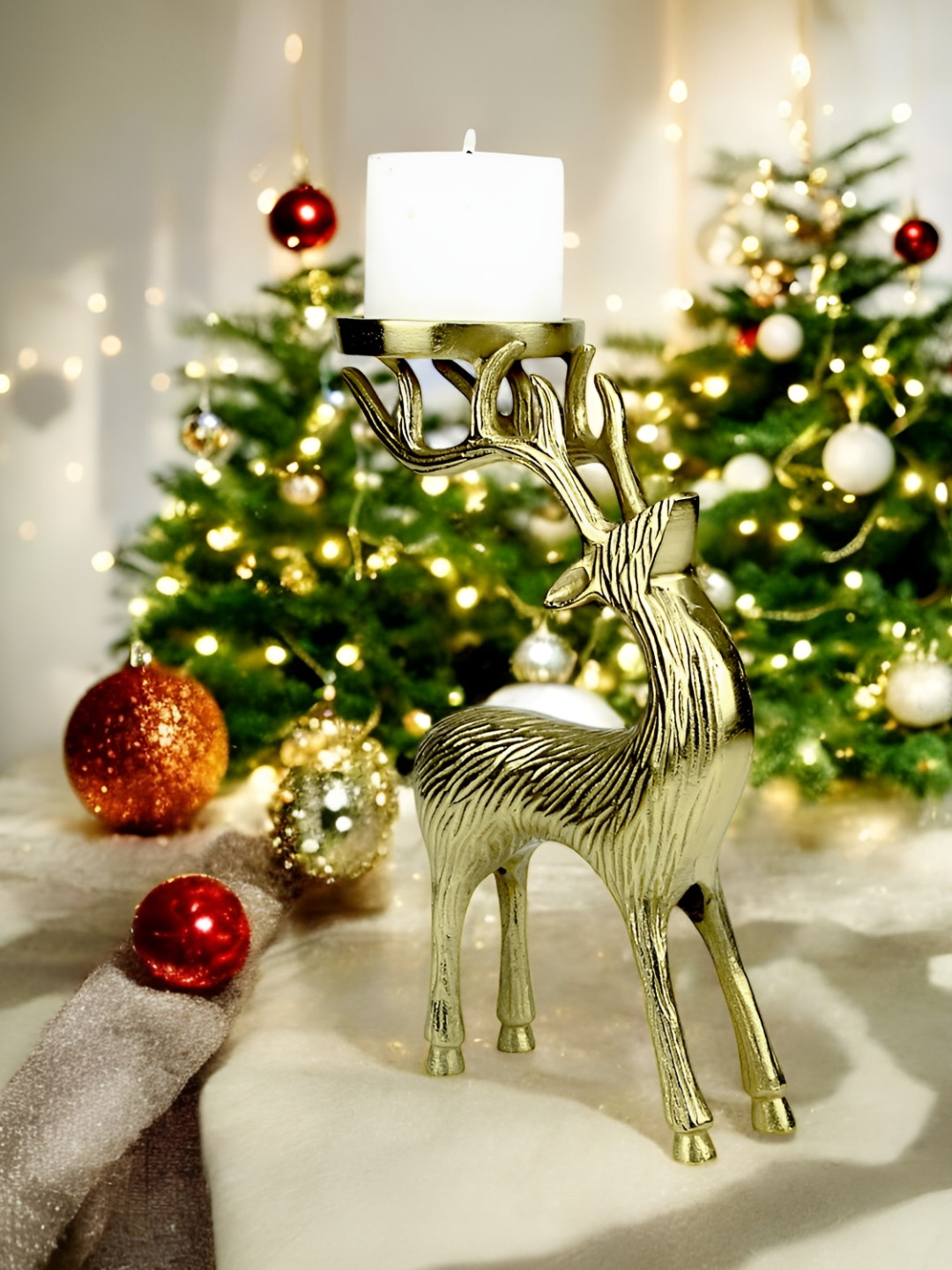 Hind Decor Standing Reindeer Candle Holder Gold Aluminium Metallic Garden Medium Showpiece - 11.4 Inches