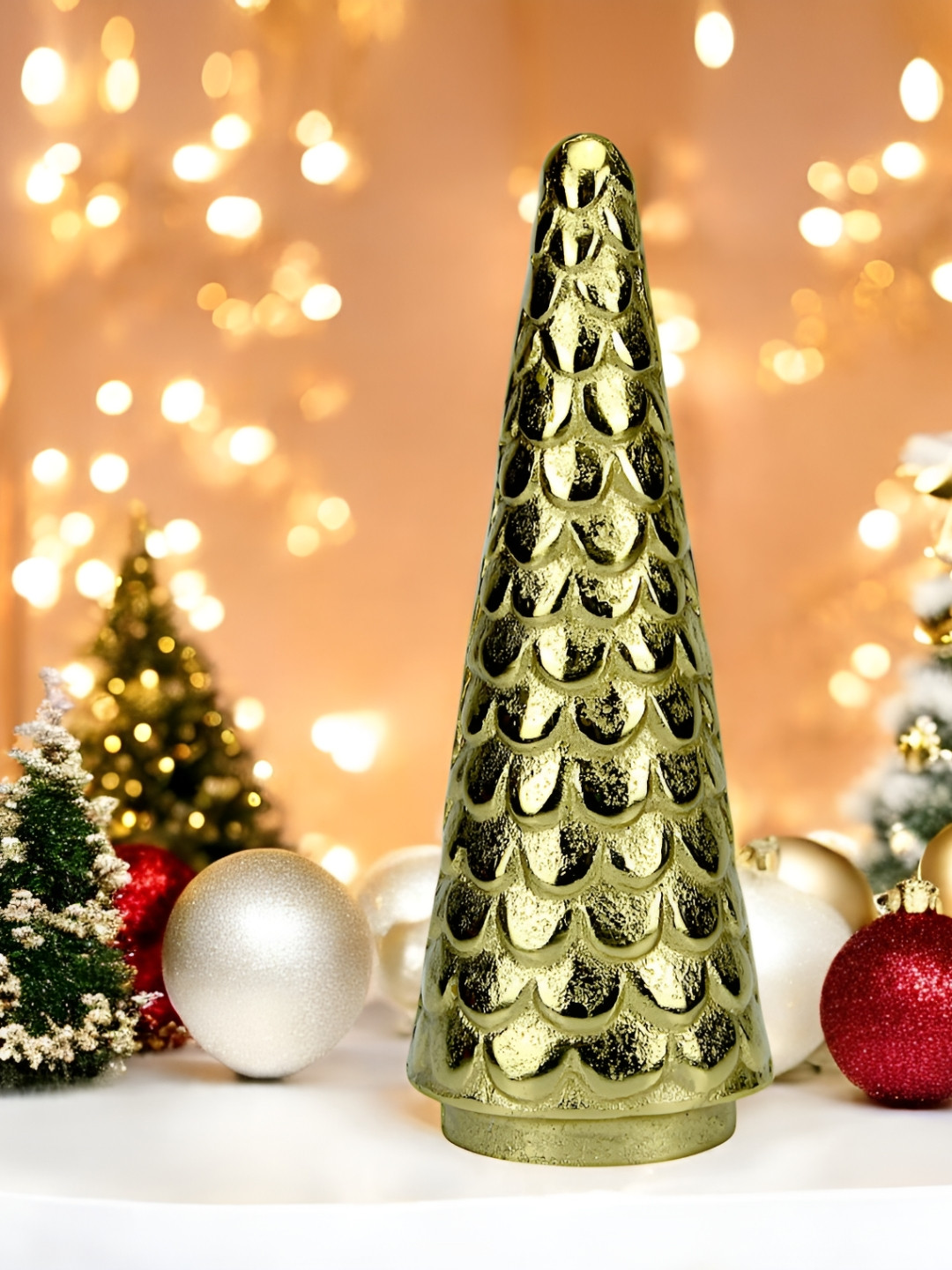 Hind Decor Christmas Cone Gold Metal Metallic Living Room Medium Showpiece - 10.2 Inches