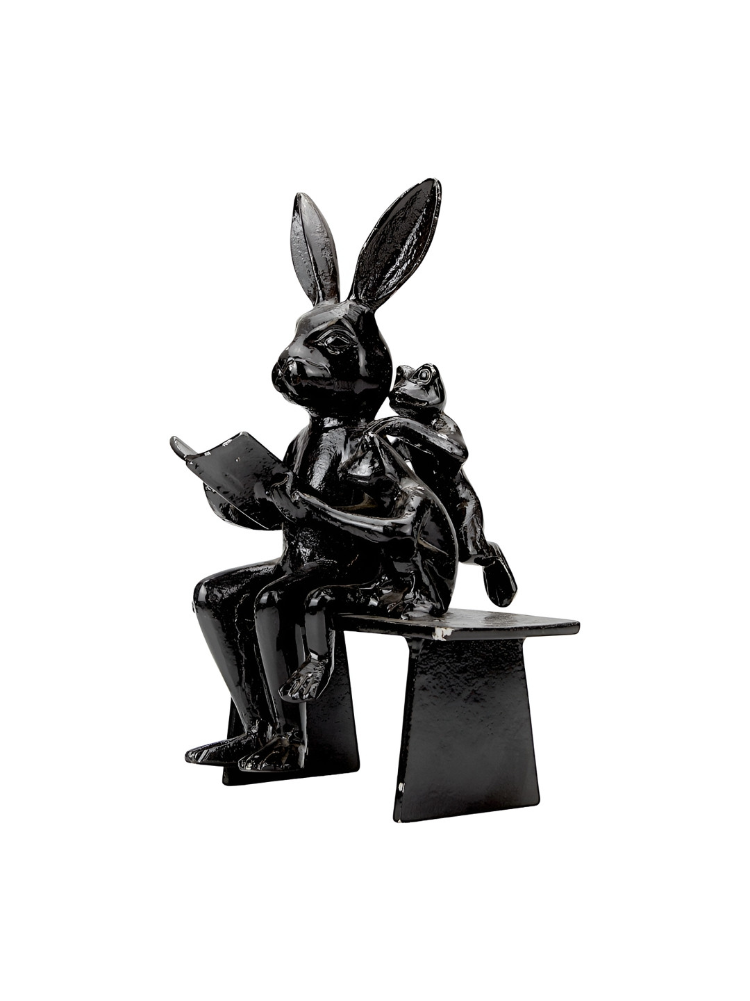 Hind Decor Sitting Bunny Reading Book with Frogs On Bench Black Aluminium Metallic Living Room Hand-Crafted Small Showpiece - 11.8 Inches
