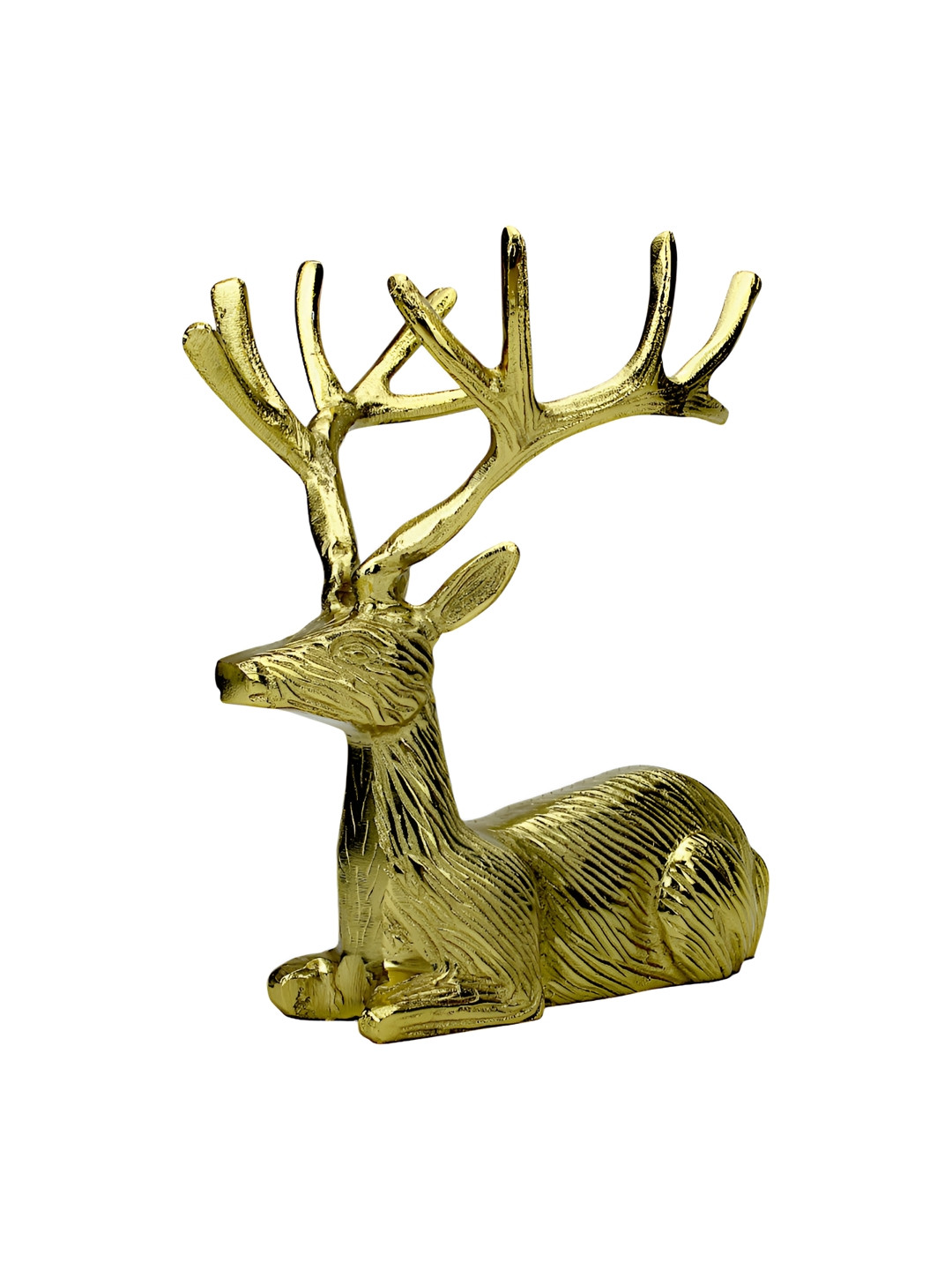 Hind Decor Christmas Sitting Deer Gold Aluminium Metallic Home Office Hand-Crafted Medium Showpiece - 12.6 Inches