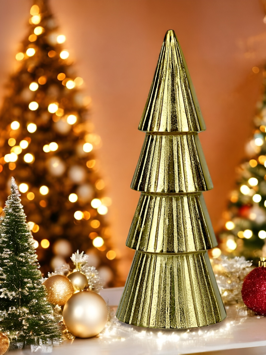 Hind Decor Christmas Cone Gold Metal Metallic Living Room Medium Showpiece - 10.2 Inches