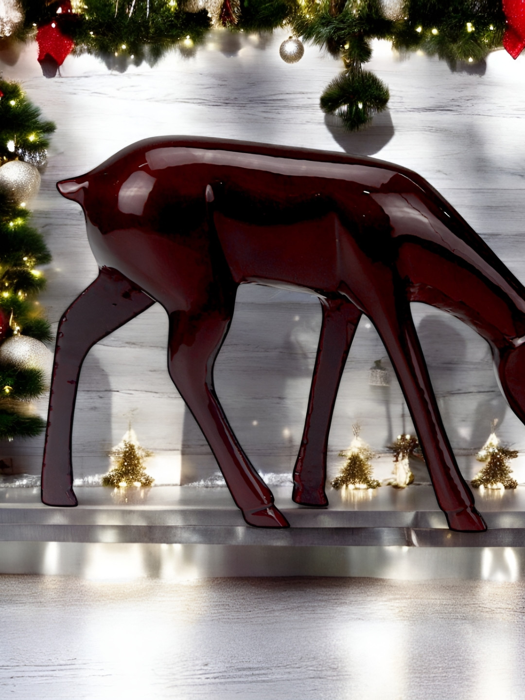 Hind Decor Deer Red Metal Metallic Living Room Small Showpiece - 6.3 Inches