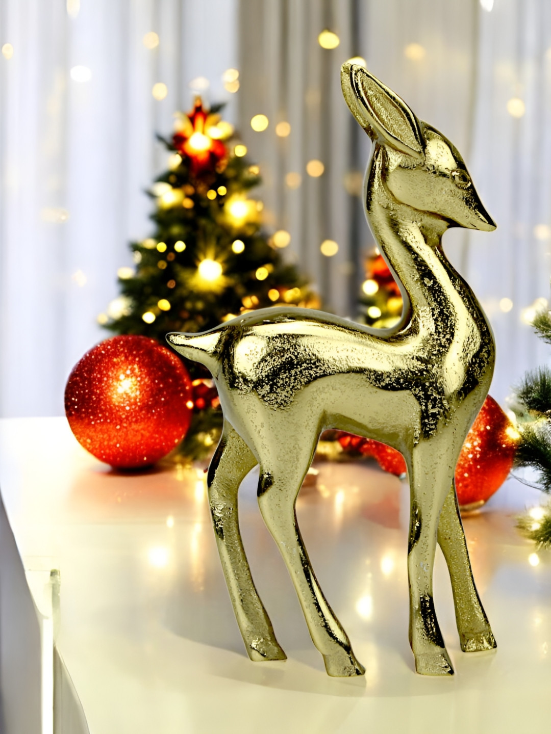 Hind Decor Christmas Minimalistic Standing Deer Gold Aluminium Metallic Living Room Hand-Crafted Small Showpiece - 8.1 Inches