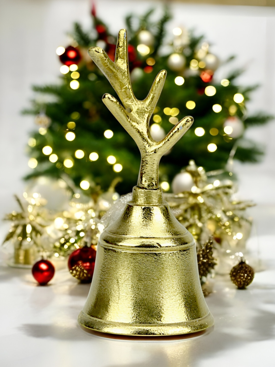 Hind Decor Gold Toned Reindeer Horn Design Christmas Bell