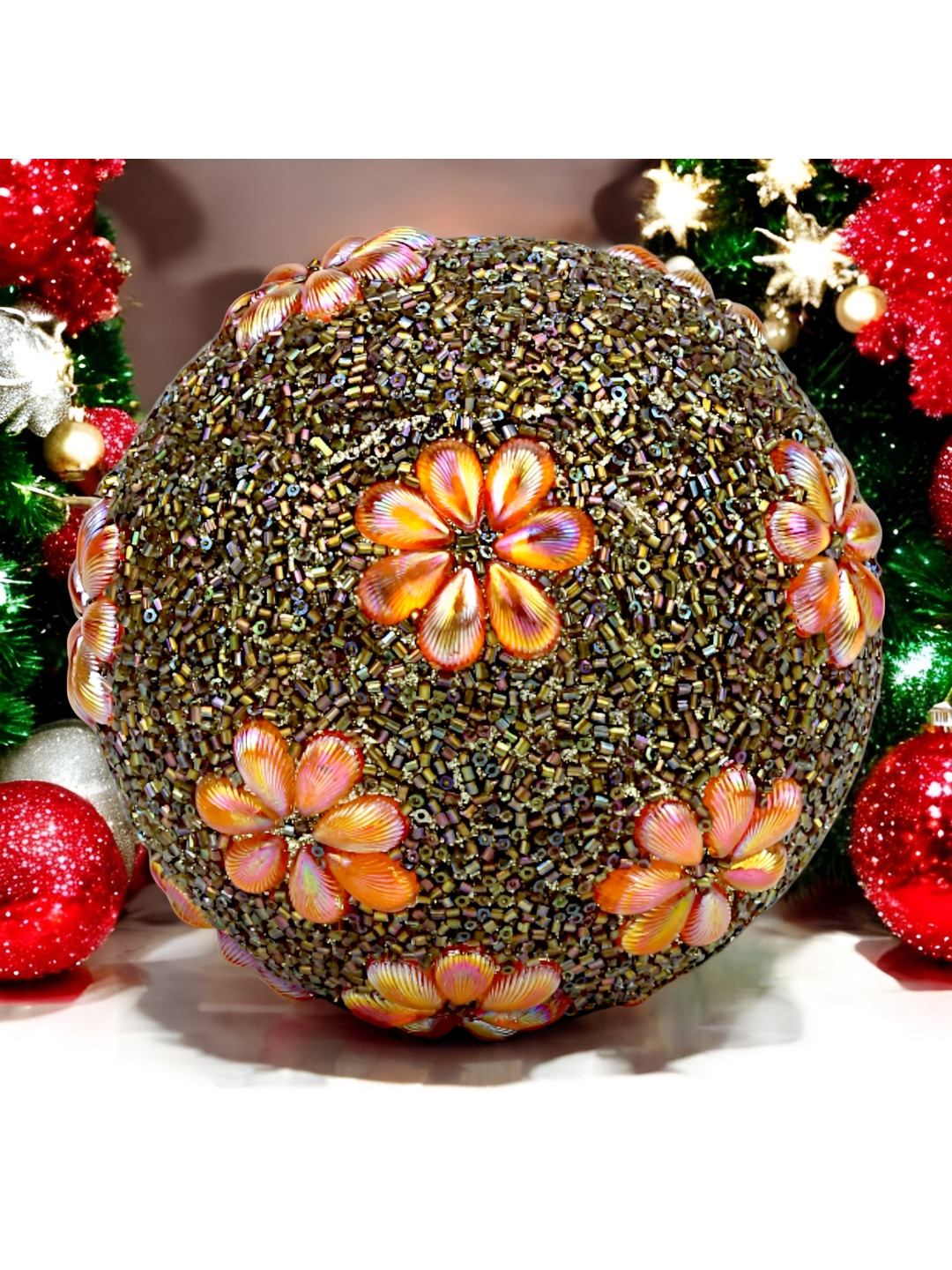 Hind Decor Brown & Orange Coloured Embellished Handcrafted Christmas Decorative Ball