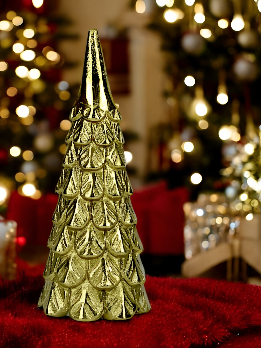 Hind Decor Christmas Cone Gold Metal Metallic Living Room Small Showpiece - 9.1 Inches