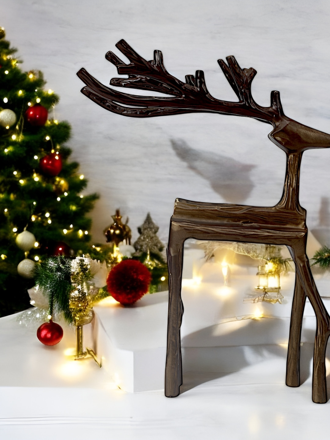 Hind Decor Minimalistic Reindeer Elegant Christmas Brown Metal Metallic Living Room Medium Showpiece - 12.2 Inches