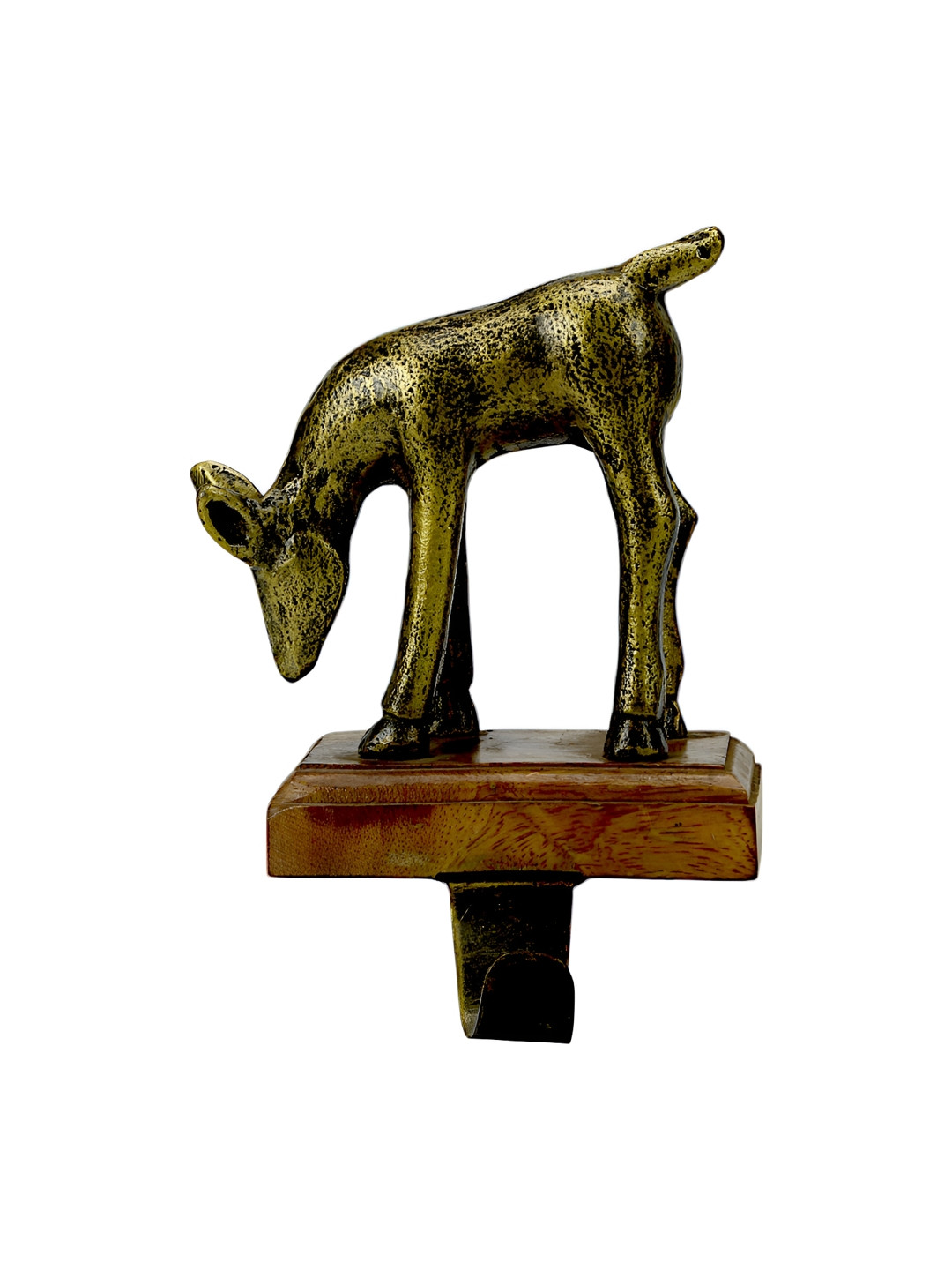 Hind Decor Gold-Toned & Brown Textured Reindeer Aluminum Stocking Holder on Marble Base