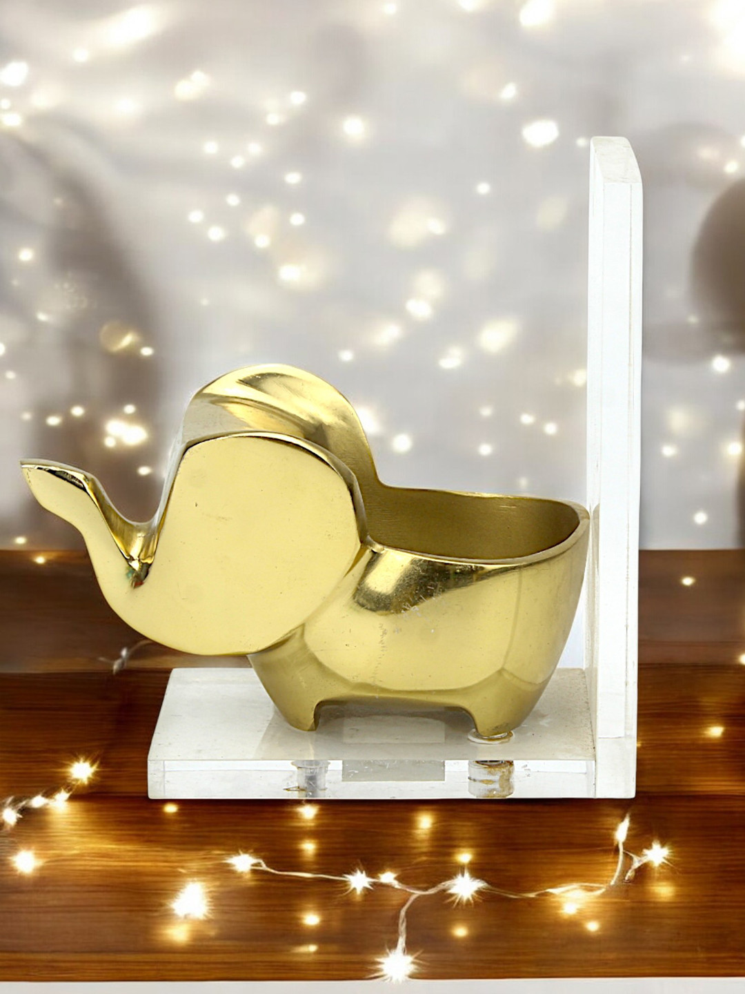 Hind Decor Gold-Toned Aluminum Elephant Bookend With Holder