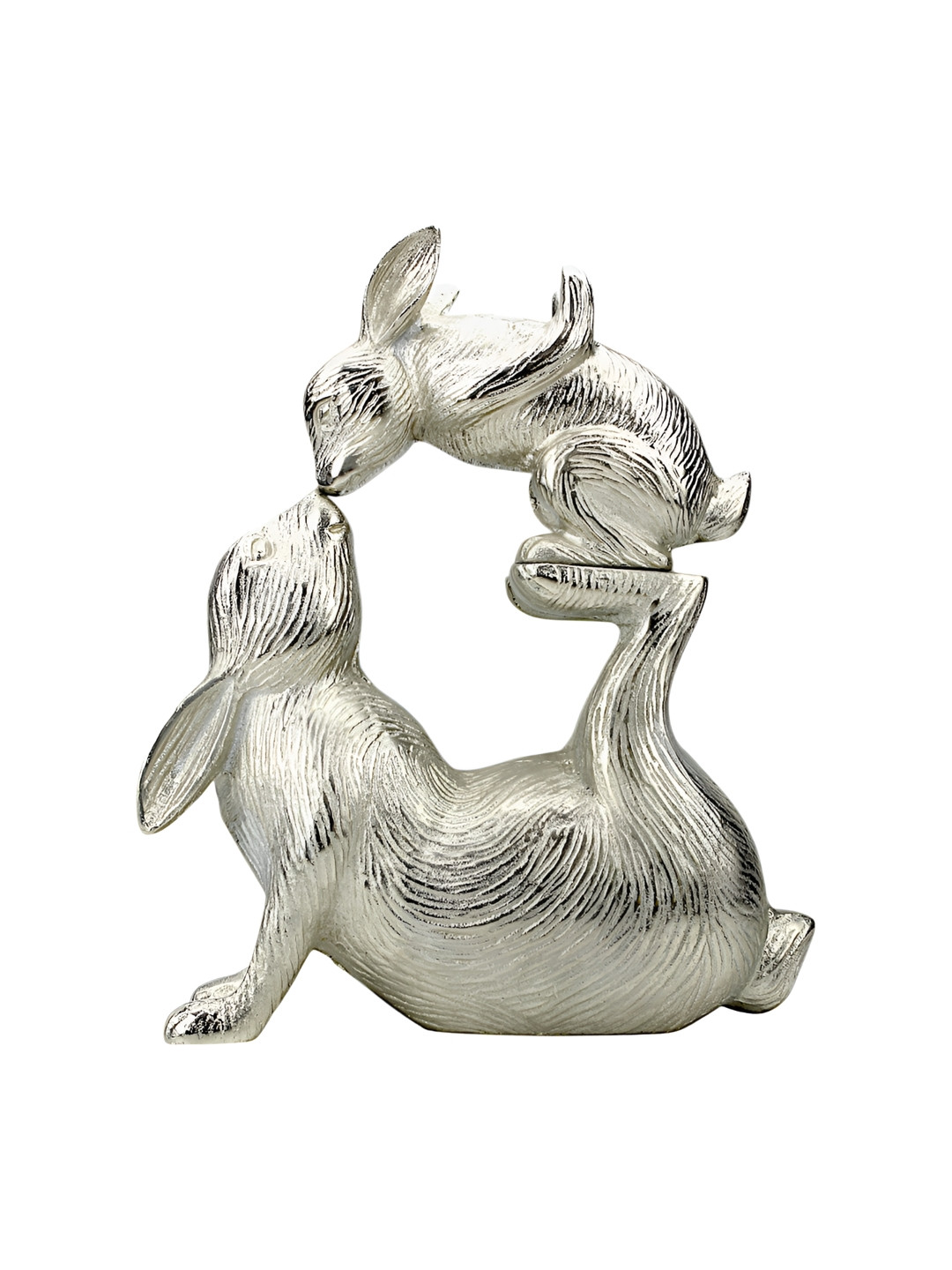 Hind Decor Bunny with Baby Bunny Silver Metal Metallic Prayer Room Hand-Crafted Medium Showpiece - 14.2 Inches