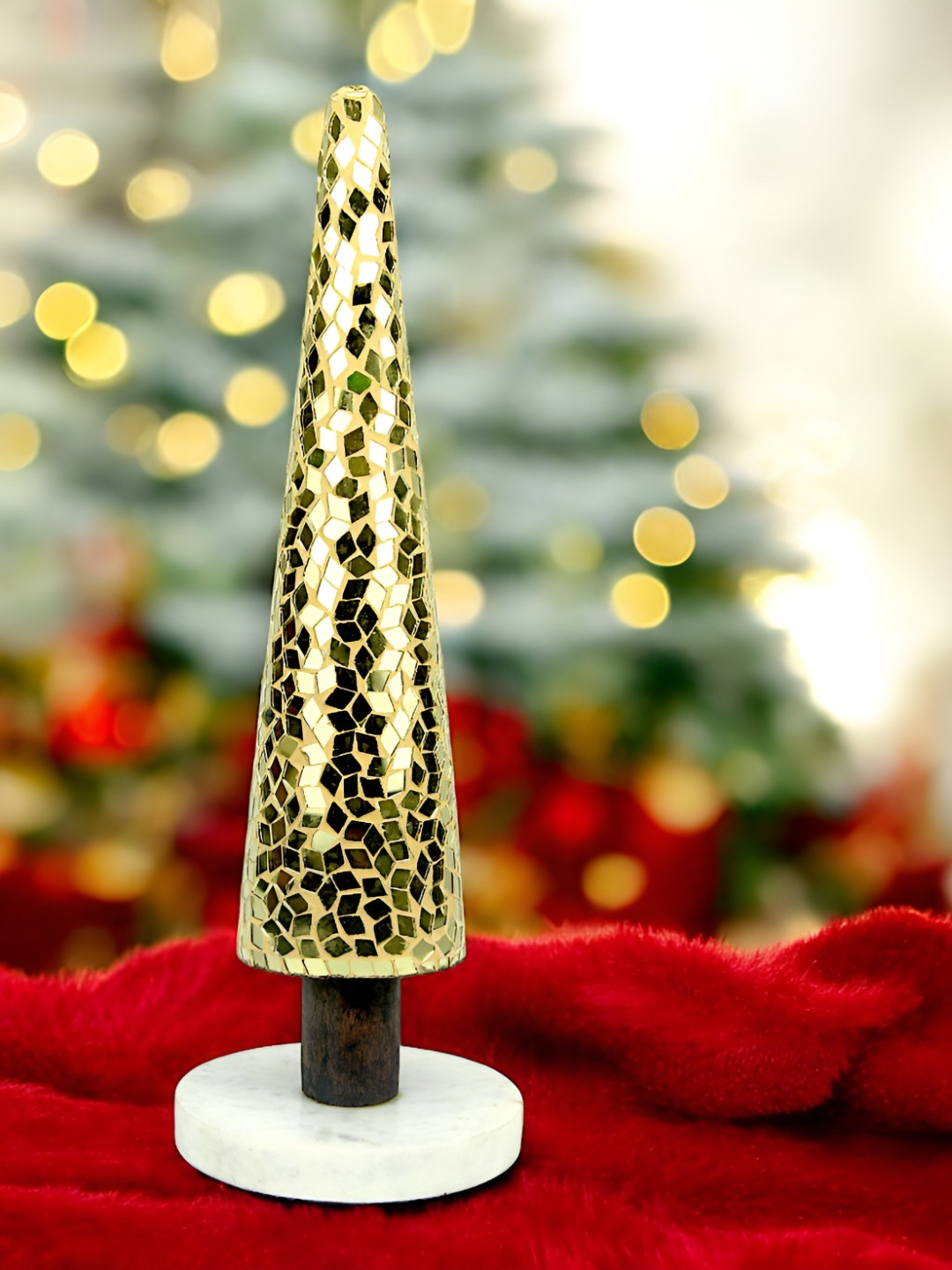 Hind Decor Christmas Tree Cone Gold Metal Metallic Living Room Hand-Crafted Medium Showpiece - 14.2 Inches