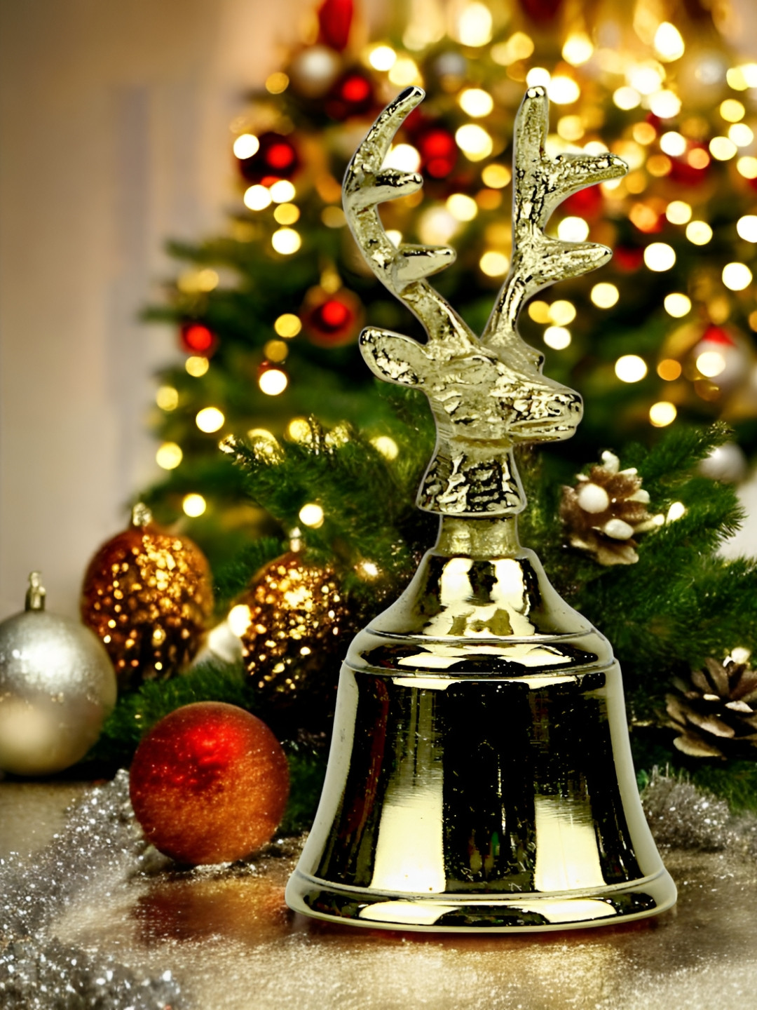 Hind Decor Gold-Toned Reindeer Design Christmas Bell