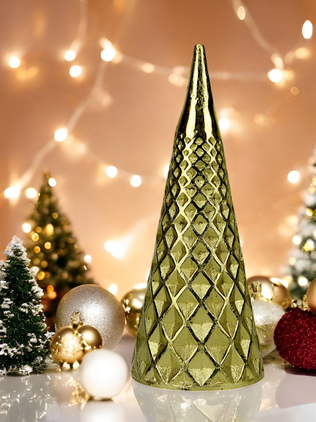 Hind Decor Christmas Cone Gold Aluminium Metallic Prayer Room Medium Showpiece - 10.2 Inches