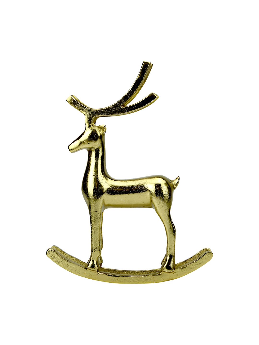 Hind Decor Christmas Minimalistic Standing Deer on Rocking Stand Gold Metal Metallic Prayer Room Hand-Crafted Medium Showpiece - 11 Inches