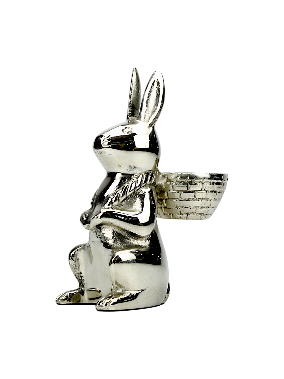 Hind Decor Bunny with Bowl Silver Metal Metallic Living Room Hand-Crafted Medium Showpiece - 8.3 Inches