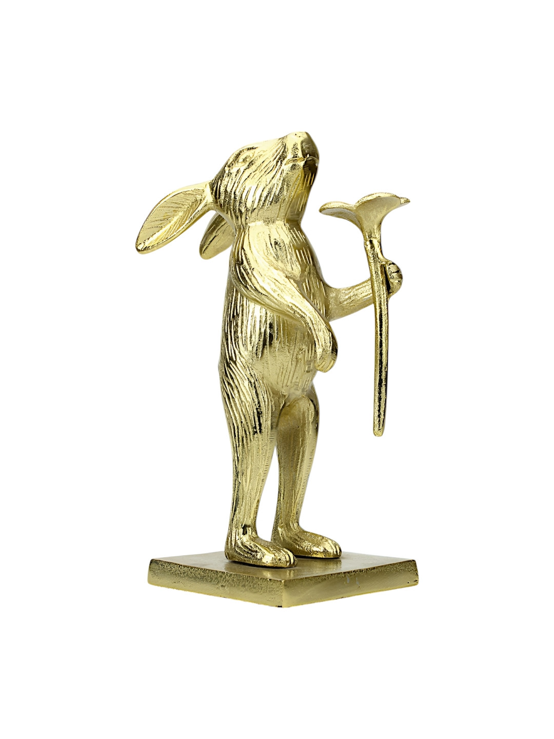 Hind Decor Christmas Minimalistic Standing Bunny Holding Flower Gold Metal Metallic Living Room Hand-Crafted Medium Showpiece - 12.2 Inches