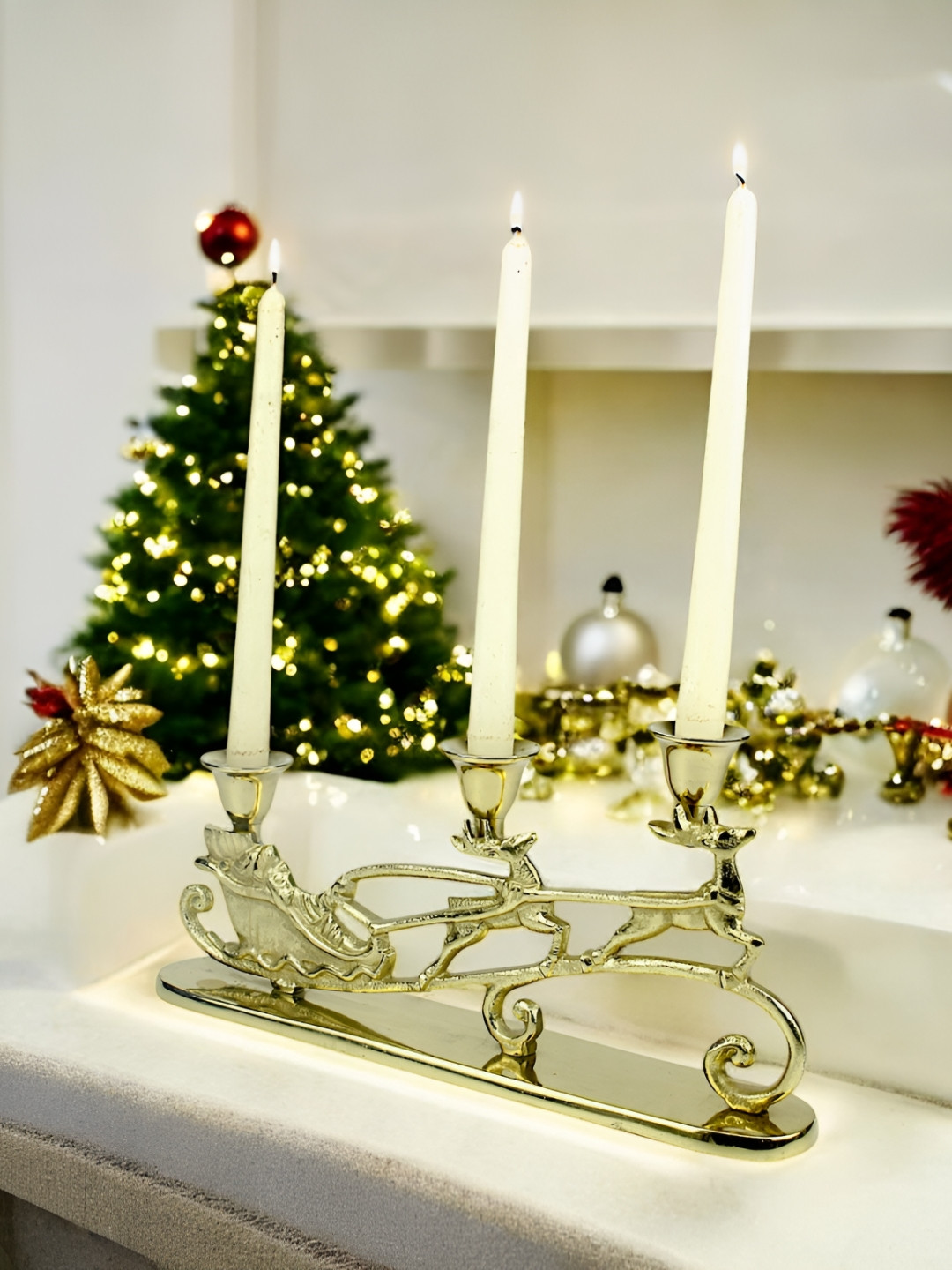 Hind Decor Gold Toned 3 Running Jointed Candle Holder