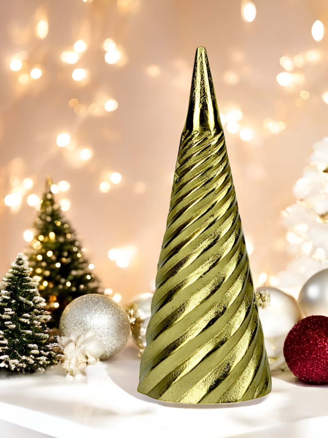 Hind Decor Christmas Cone Gold Aluminium Metallic Living Room Medium Showpiece - 10.2 Inches