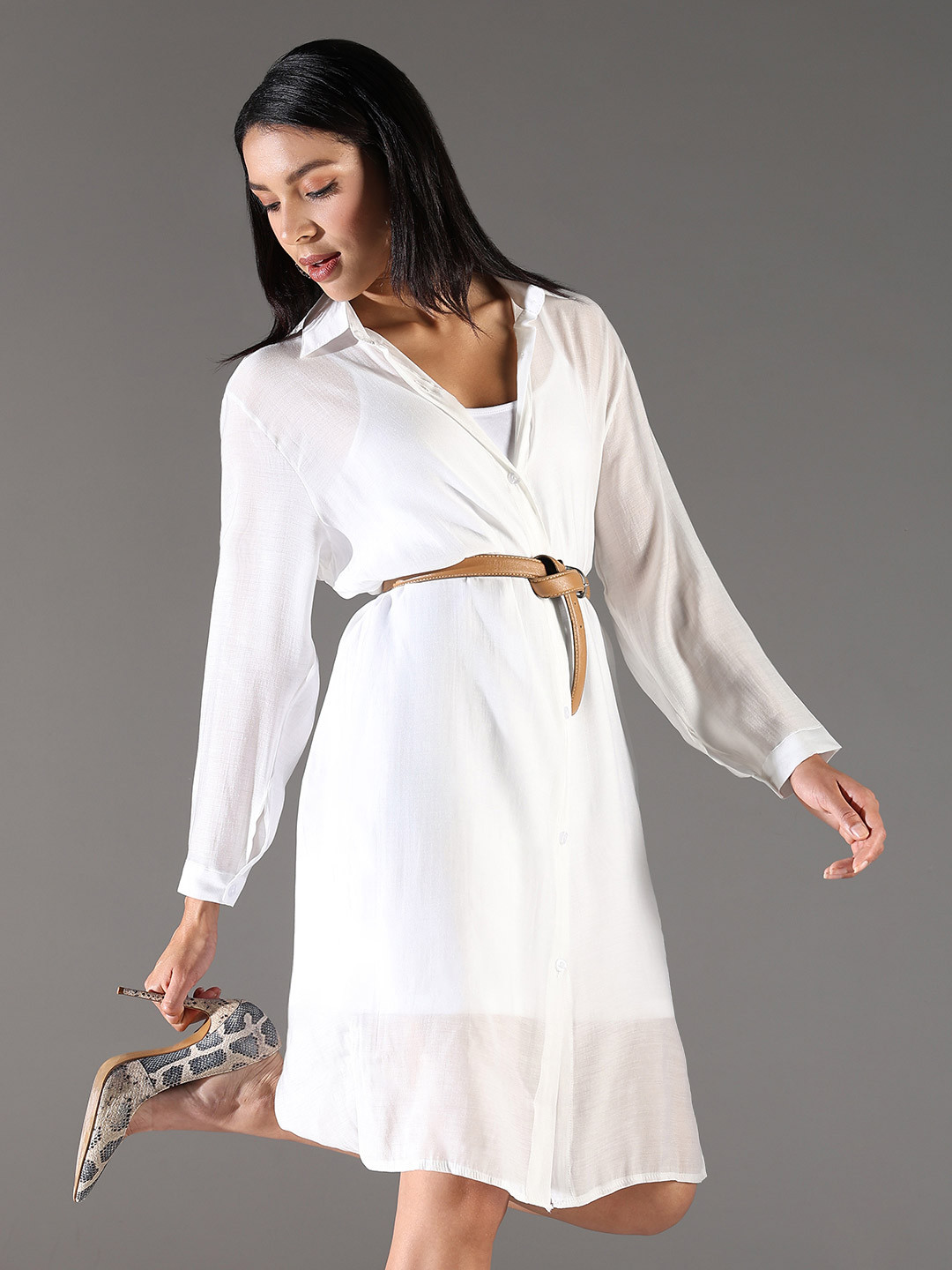 SHOWOFF Women Shirt Collar Semi Sheer Shirt Dress