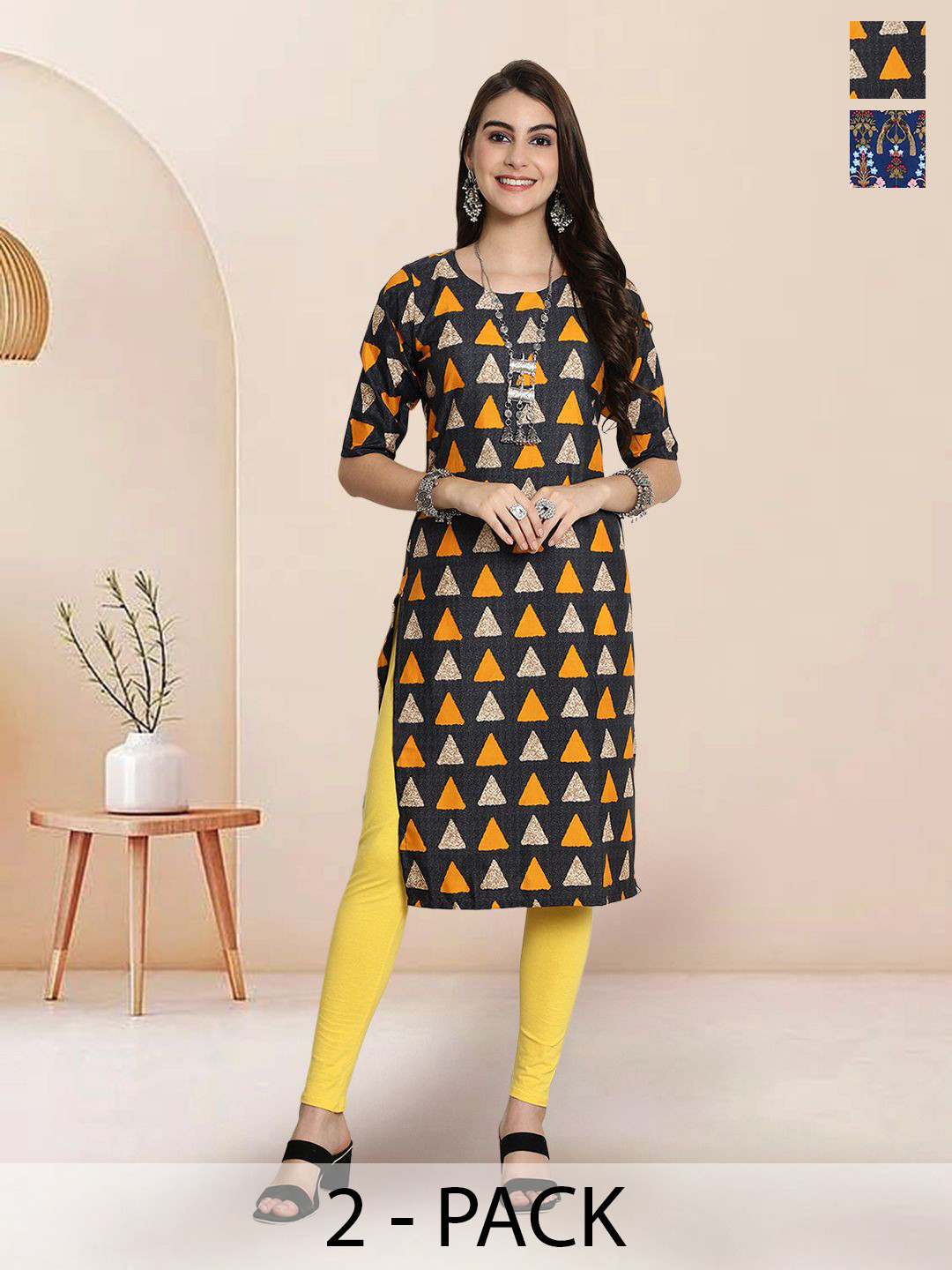 7Threads  Selection Of 2 Geometri Printed Round Neck Straight Kurtas