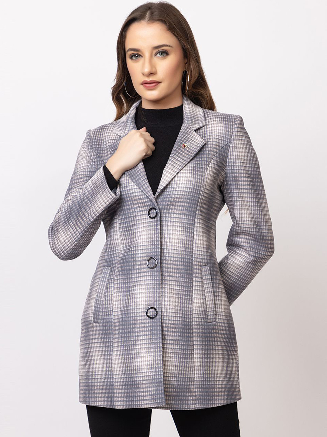 TWENTY ME Checked Notched Lapel Single Breasted Acrylic Trench Coat