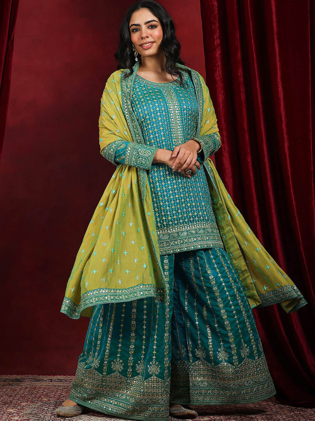 Libas Art Sequinnce Embellished Round Neck Kurta with Palazzos & Dupatta