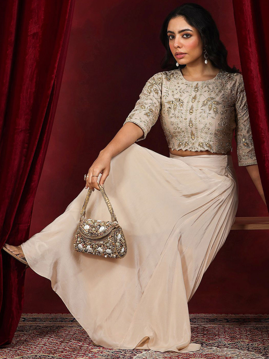 Libas Art Embroidered Round Neck Top With Palazzo