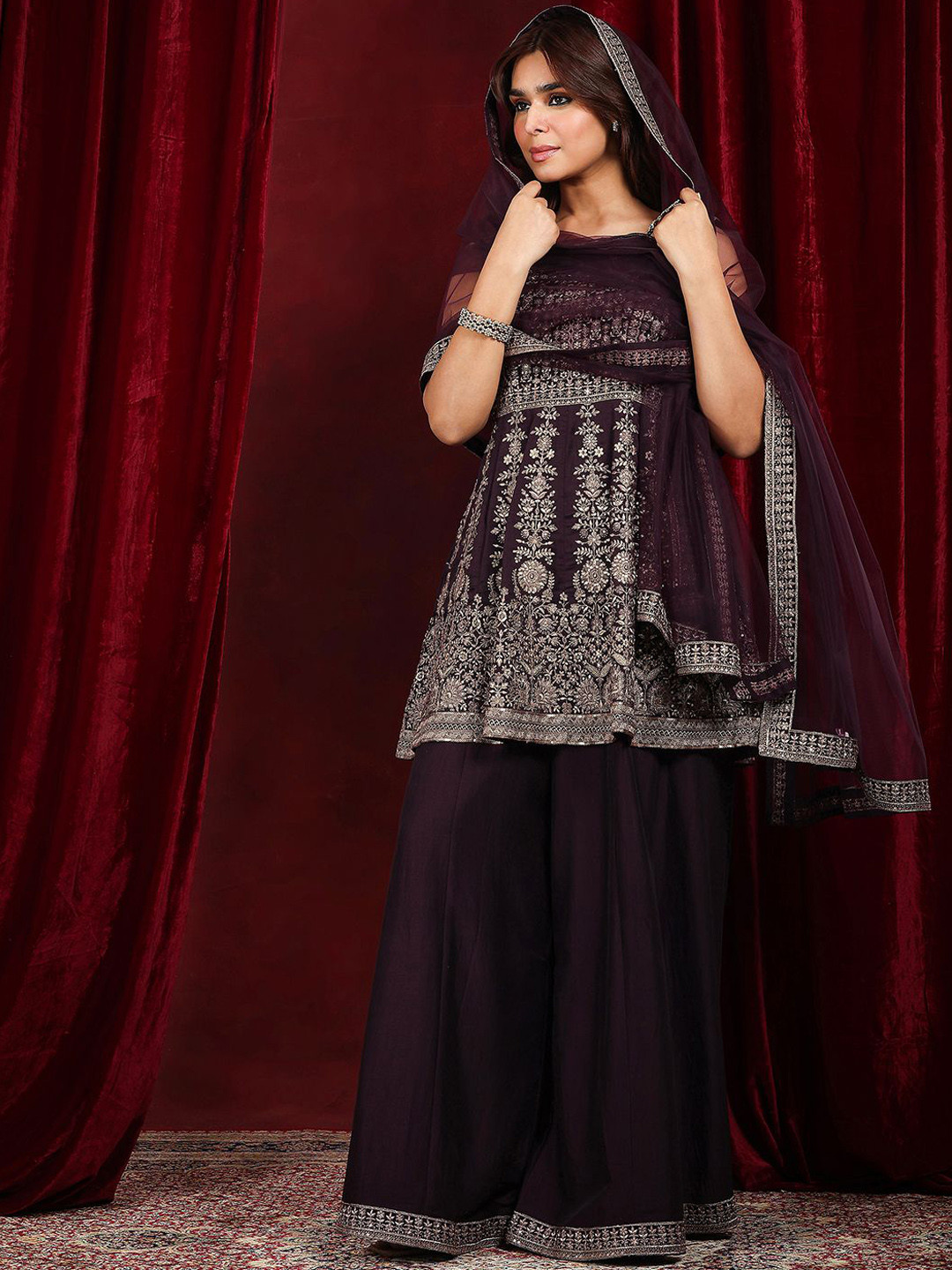 Libas Art Sequinnce Embellished Scoop Neck Straight Kurta with Palazzo & Dupatta