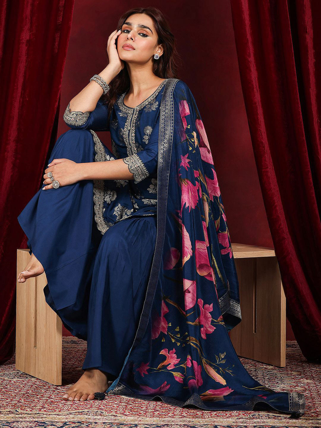 Libas Floral Woven Design Sequinned Straight Kurta With Sharara & Dupatta