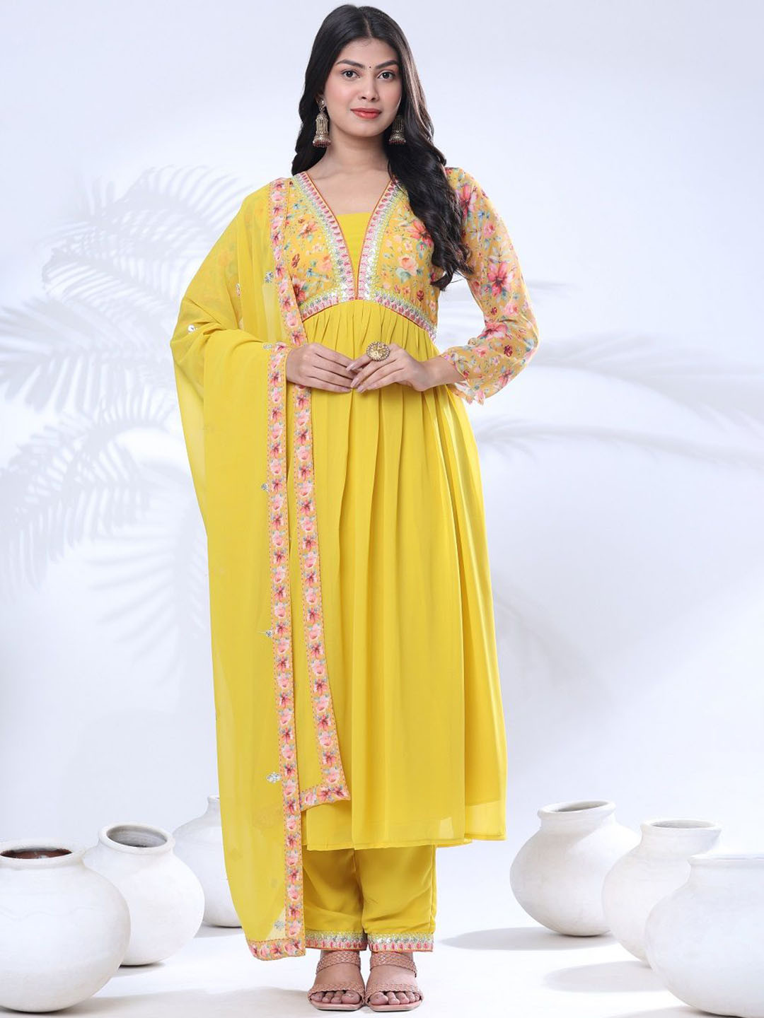 Pionex Floral Printed Zari Emboirdered V-Neck Empire Kurta With Trousers And Dupatta