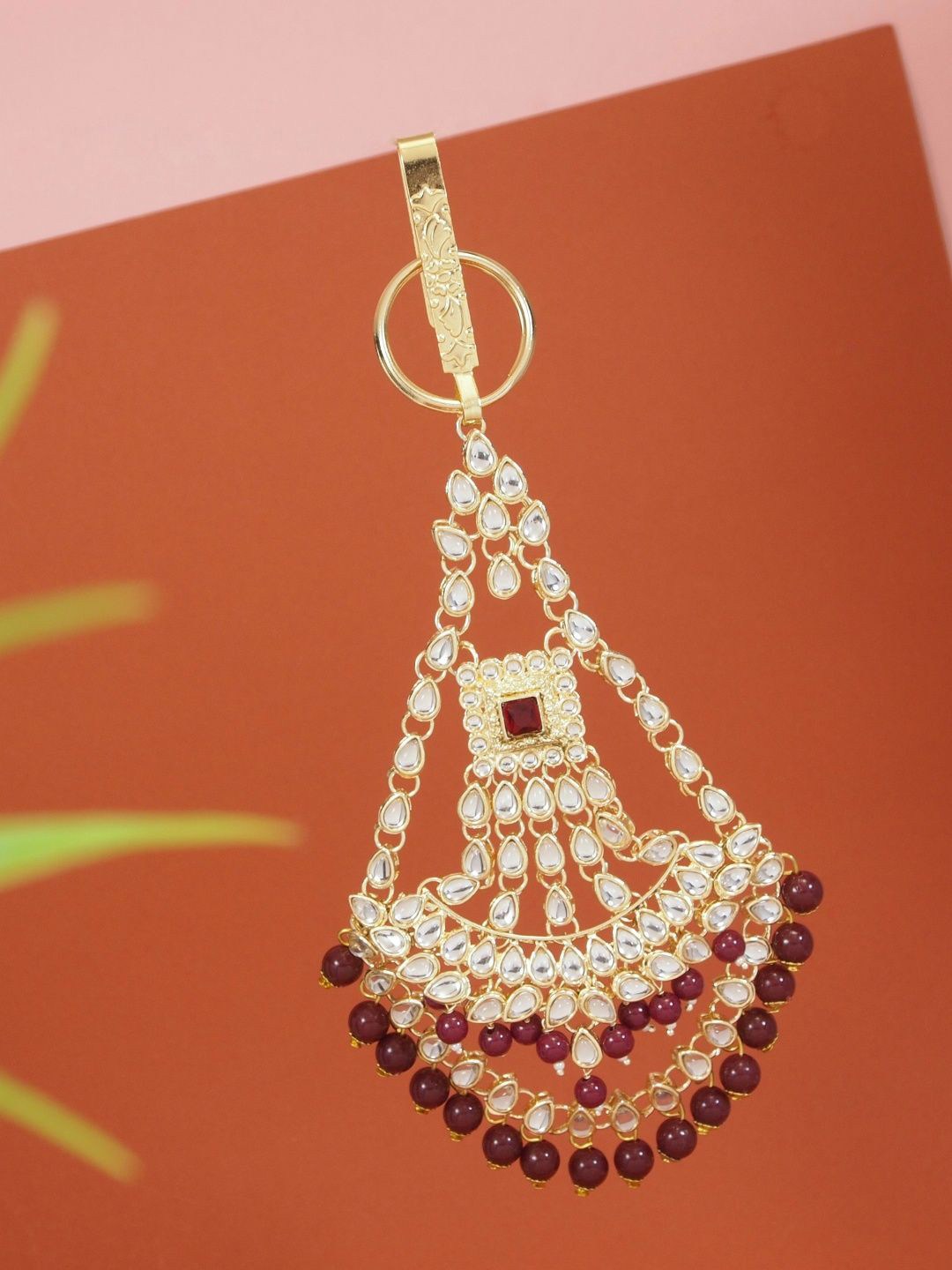 I Jewels Gold Plated Studded Kundan & Pearls Chabi Challa Clip Saree Accessories