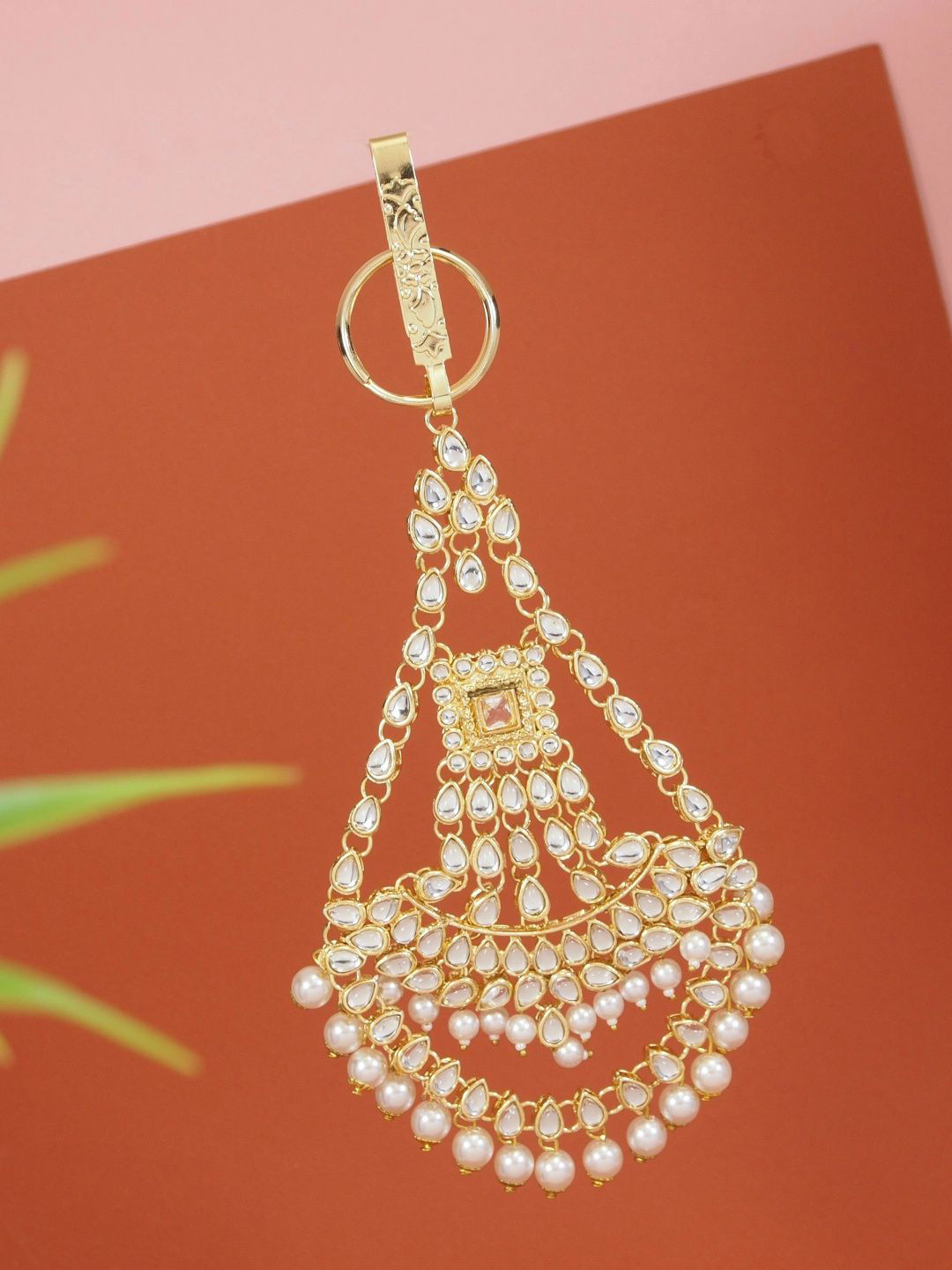 I Jewels Gold Plated Studded Kundan & Pearls Chabi Challa Clip Saree Accessories