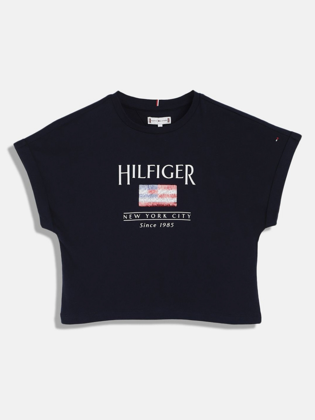 Tommy Hilfiger Girls BG HILFIGER Typography Printed Round Neck Cotton Relaxed Fit T-shirt