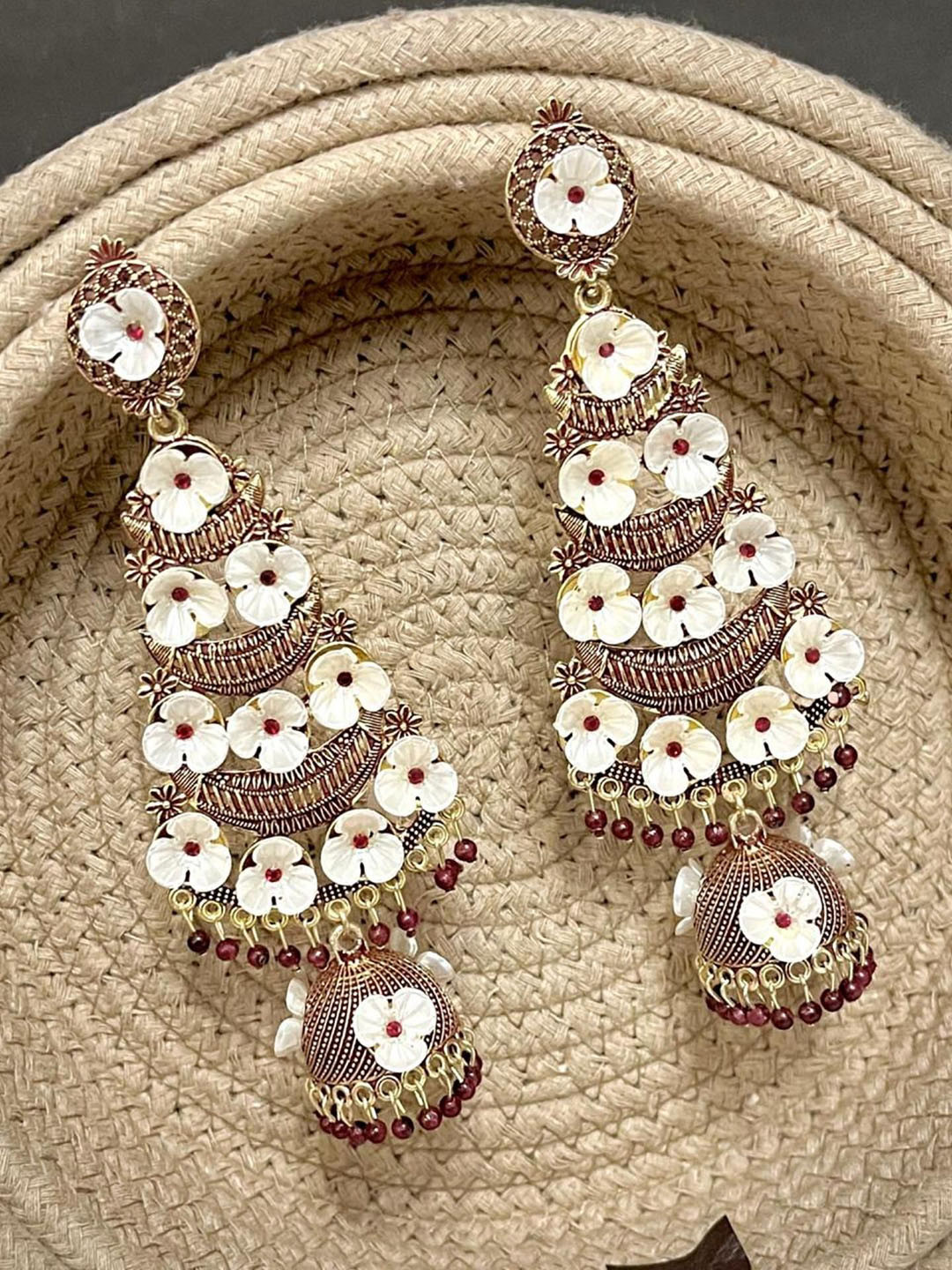 TANLOOMS Gold-Plated Artificial Stones Studded & Beaded Floral Enamelled Jhumkas