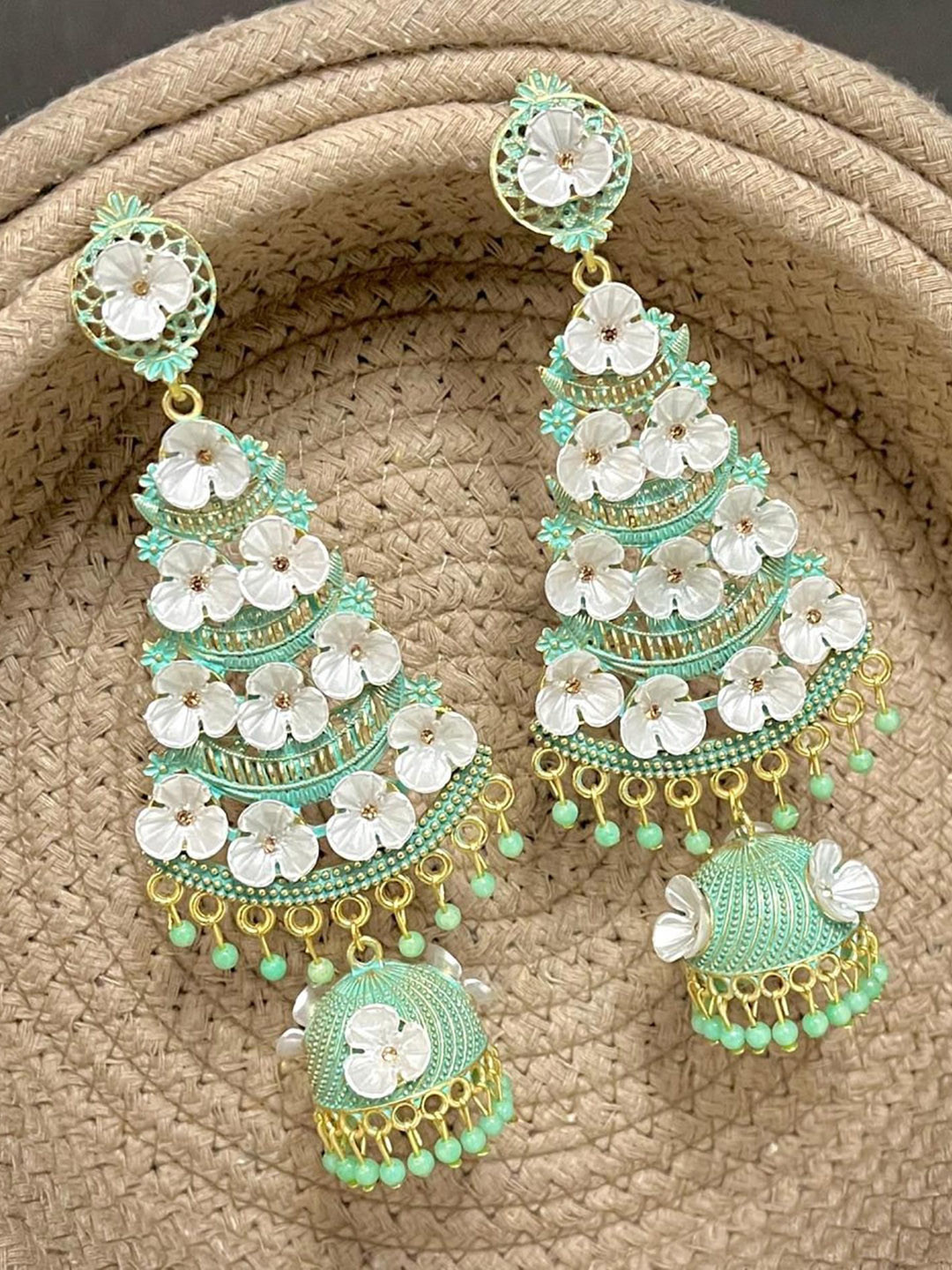 TANLOOMS Gold-Plated Artificial Beaded Floral Enamelled Drop Earrings