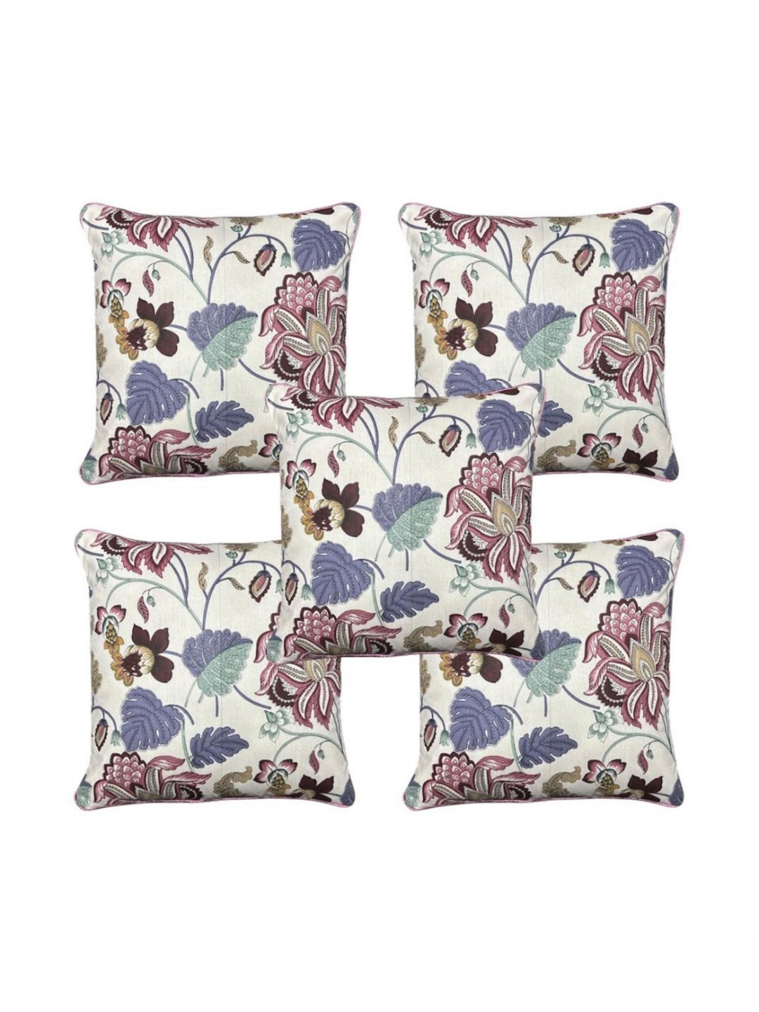 TANLOOMS Light-Weight White Floral Cotton 5 Piece Patchwork Square Cushion Covers -16x16In