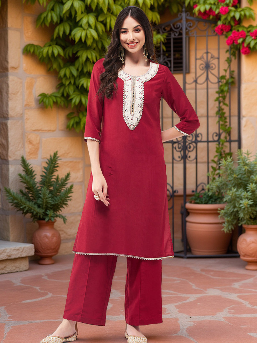 Pannkh Mirror Work Embellished Round Neck Pure Art Silk A-Line Kurta